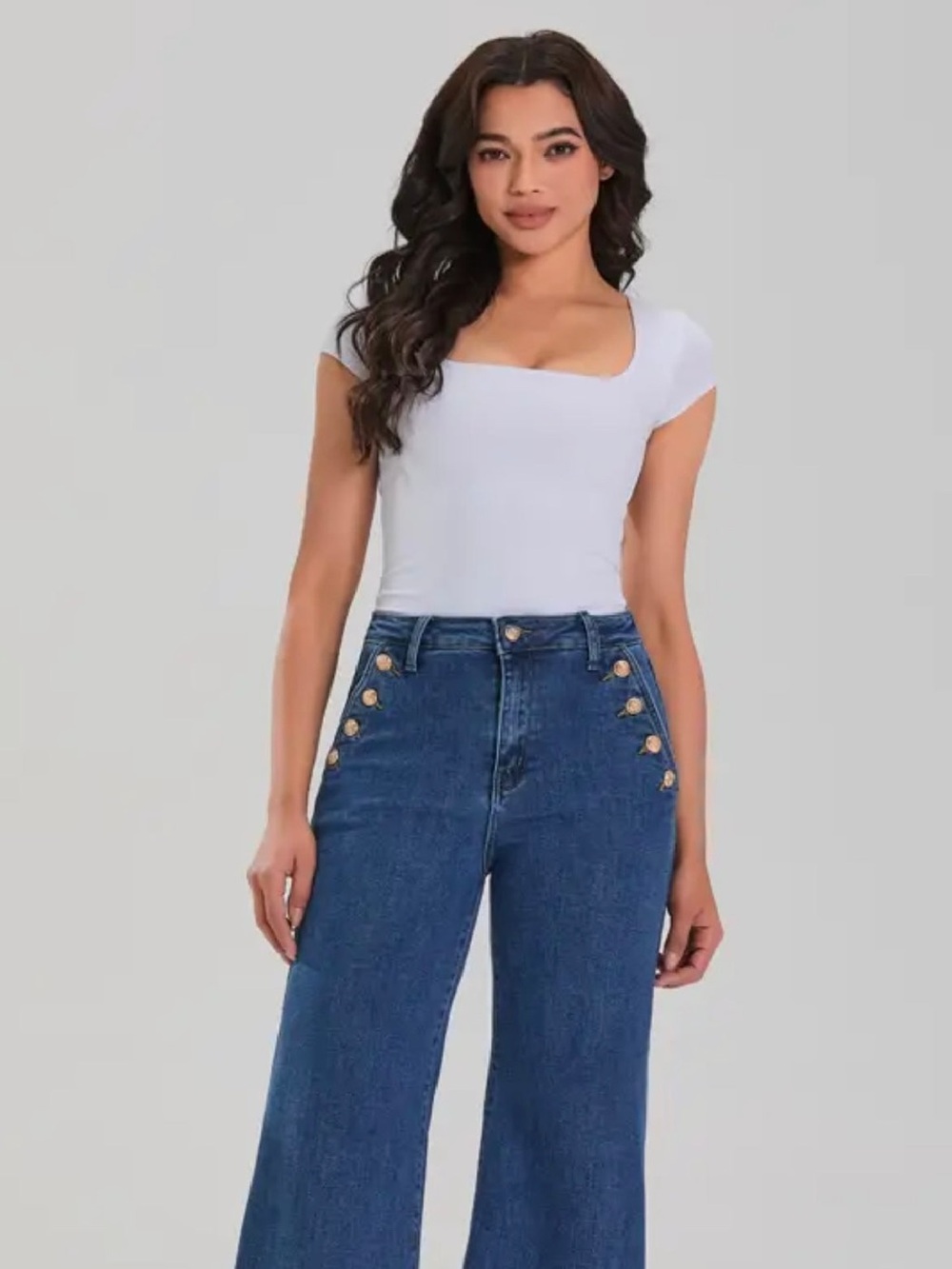 024. Gold Button Sailor Style wide leg jeans, various sizes